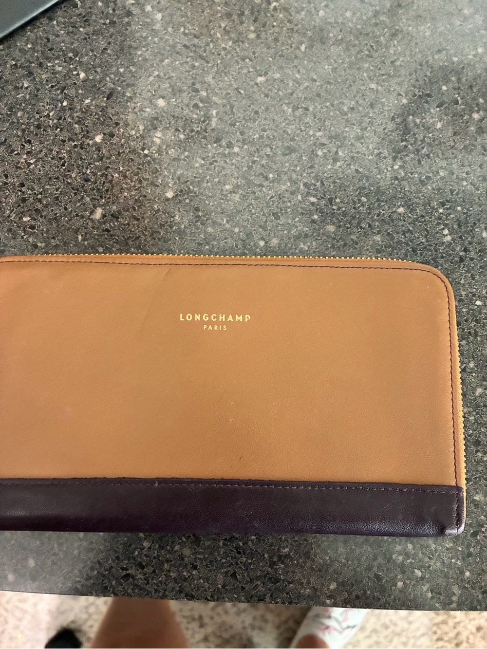 Longchamp Two-Tone Tan and Dark Brown Leather Zip Wallet - Picture 2 of 5